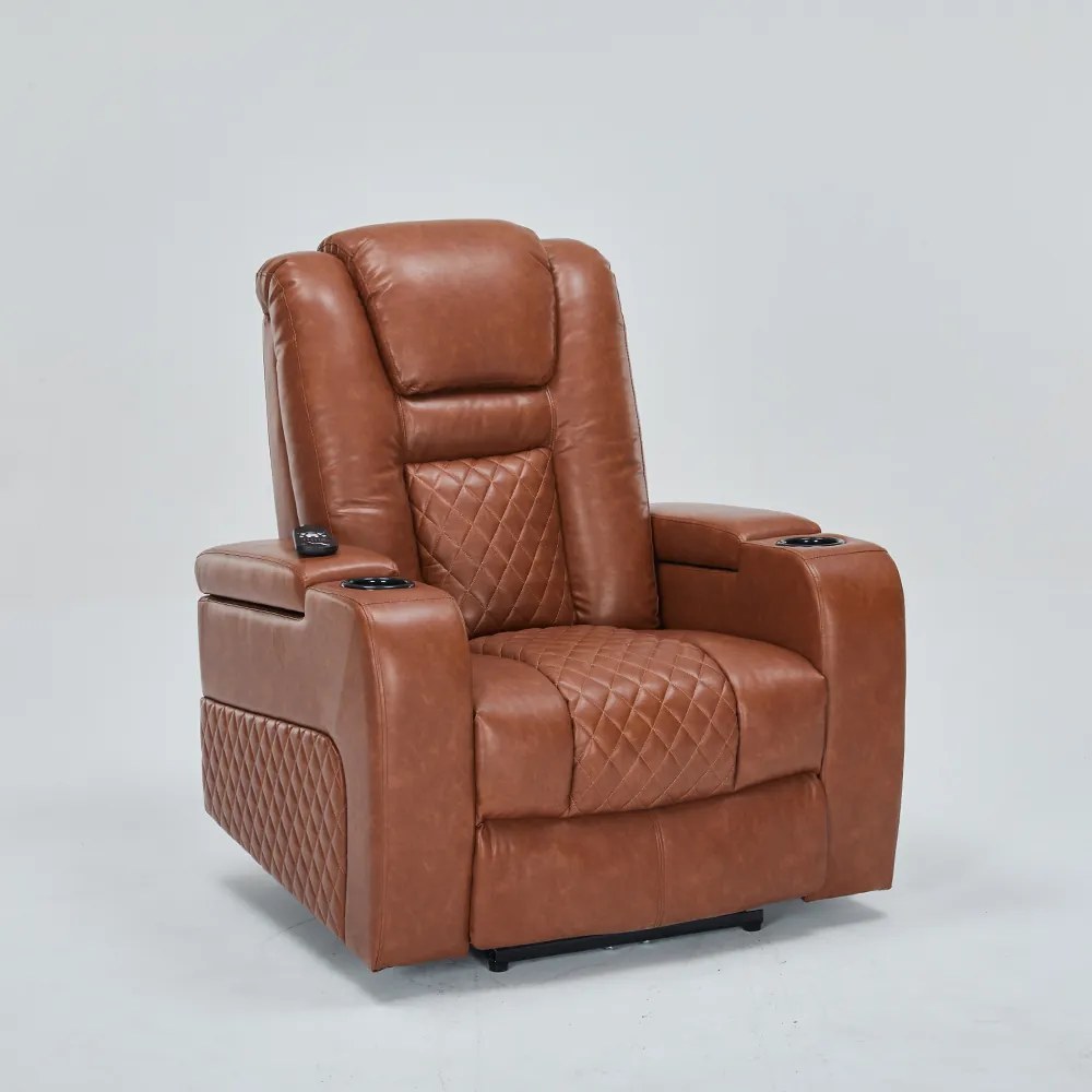Poltrona do Papai Elétrica Reclinável Chicago com Aquecimento Massagem e Porta Copos Entrada USB/USB-C PU Caramelo G94 - Gran Belo