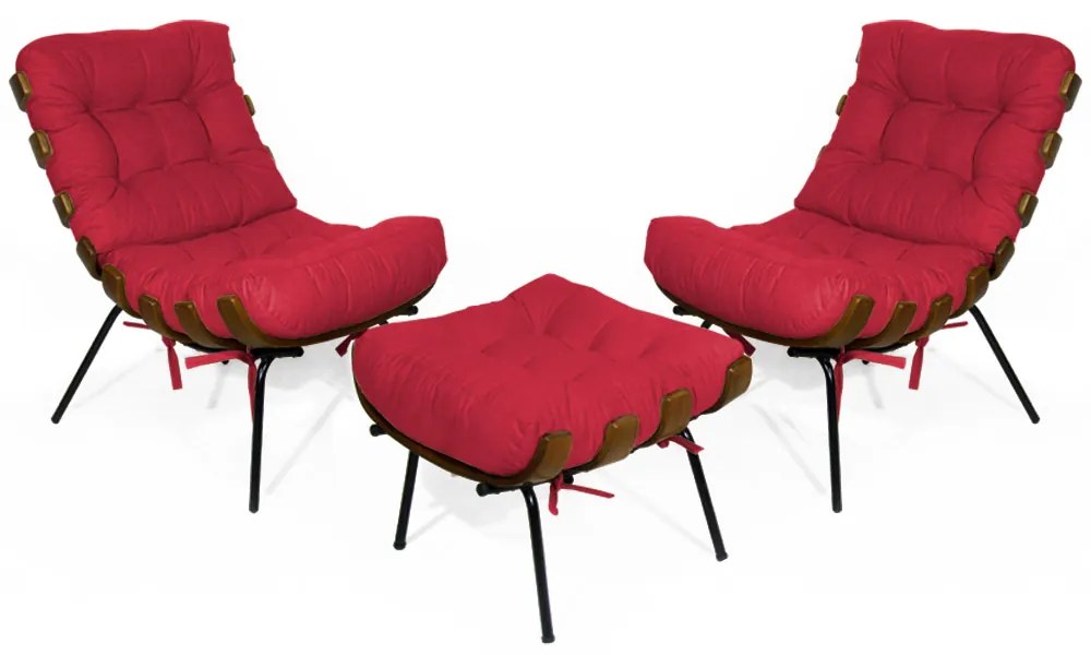 Kit 2 Poltronas Decorativa Costela Com Puff Costela Suede Vermelho
