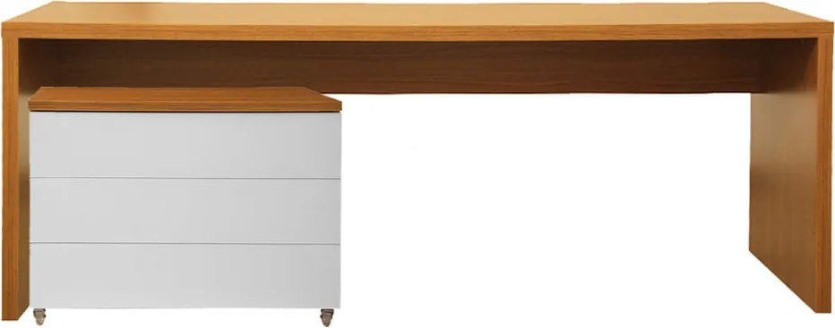 Conjunto Office - Bancada Contemporânea Louro Freijó 1,36m + Gaveteiro Contemporâneo Freijó e Branco 85cm - Conjunto Office - Bancada Contemporânea Louro Freijó 1,36m + Módulo Contemporâneo Freijó e Branco 85cm