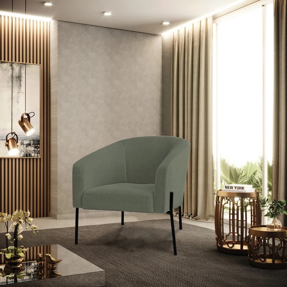 Poltrona Sala Decorativa Pé de Ferro Preto Kit 2 Stella Bouclê D03 - D'Rossi - Verde Pistache