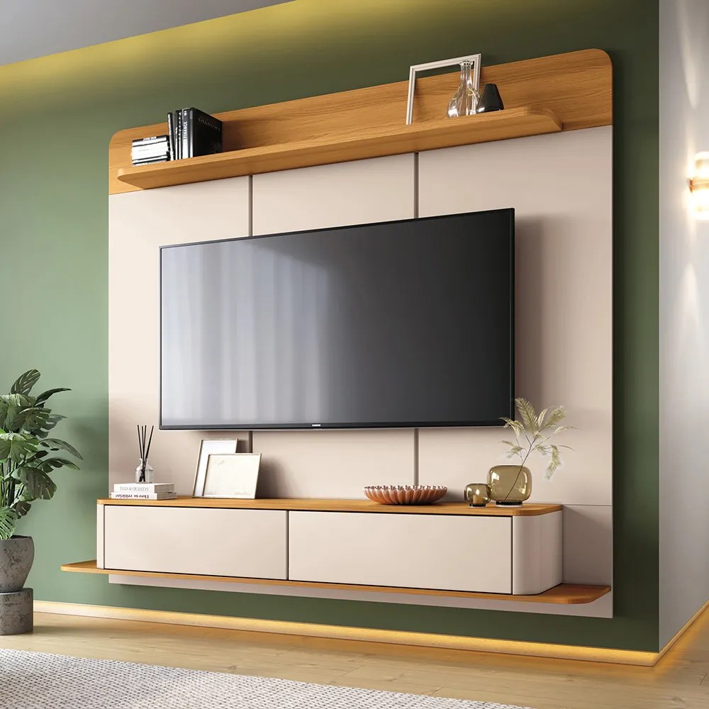 Painel TV 70 Pol 180cm Bancada Suspensa Sarah H01 - D'Rossi - Off White e Cinamomo