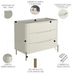 Cômoda Quarto 97cm Solteiro 3 Gavetas Becca Luna/Dourado I06 - Mpozena
