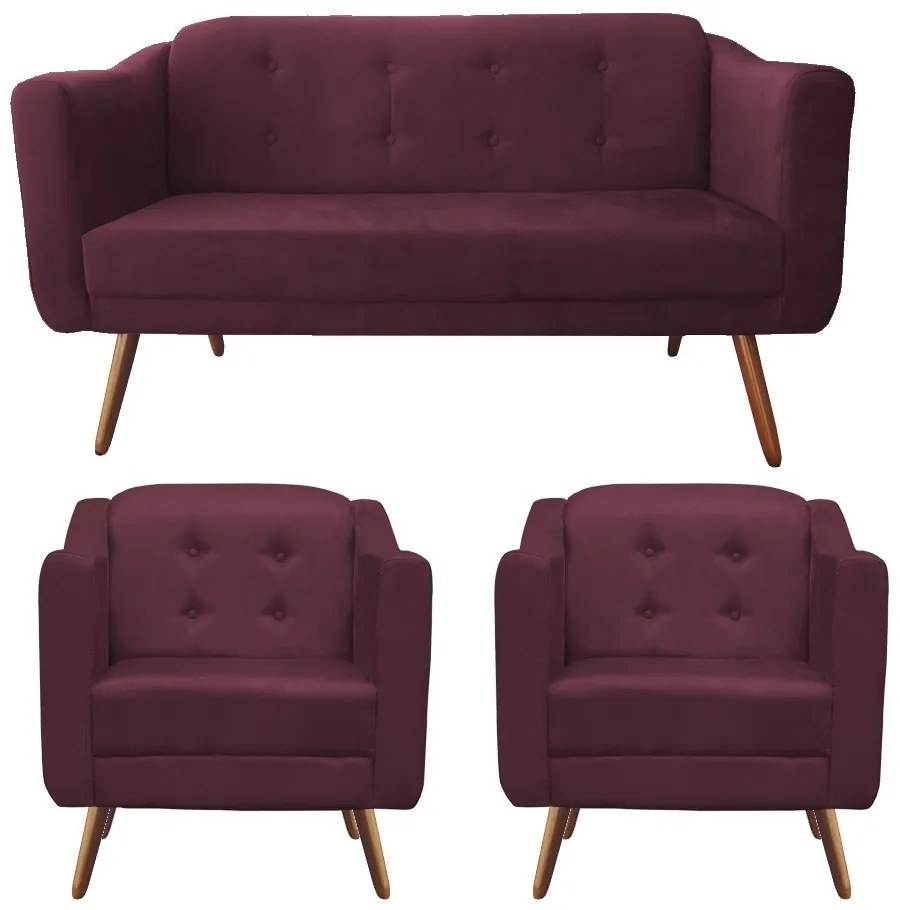 Kit Namoradeira + 2 Poltronas Bruna Pé Palito Suede Bordô