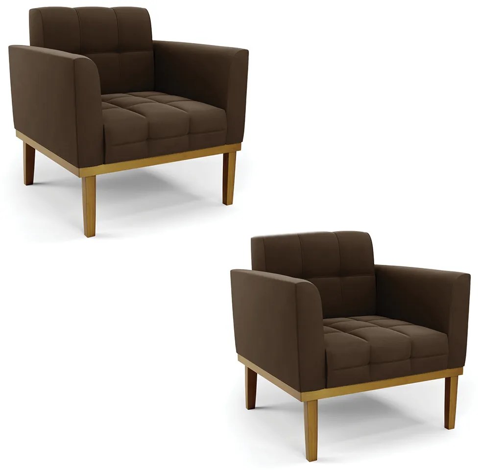 Poltrona Sala Decorativa Kit 2 Elisa Base de Madeira Castanho Suede D03 - D'Rossi - Marrom