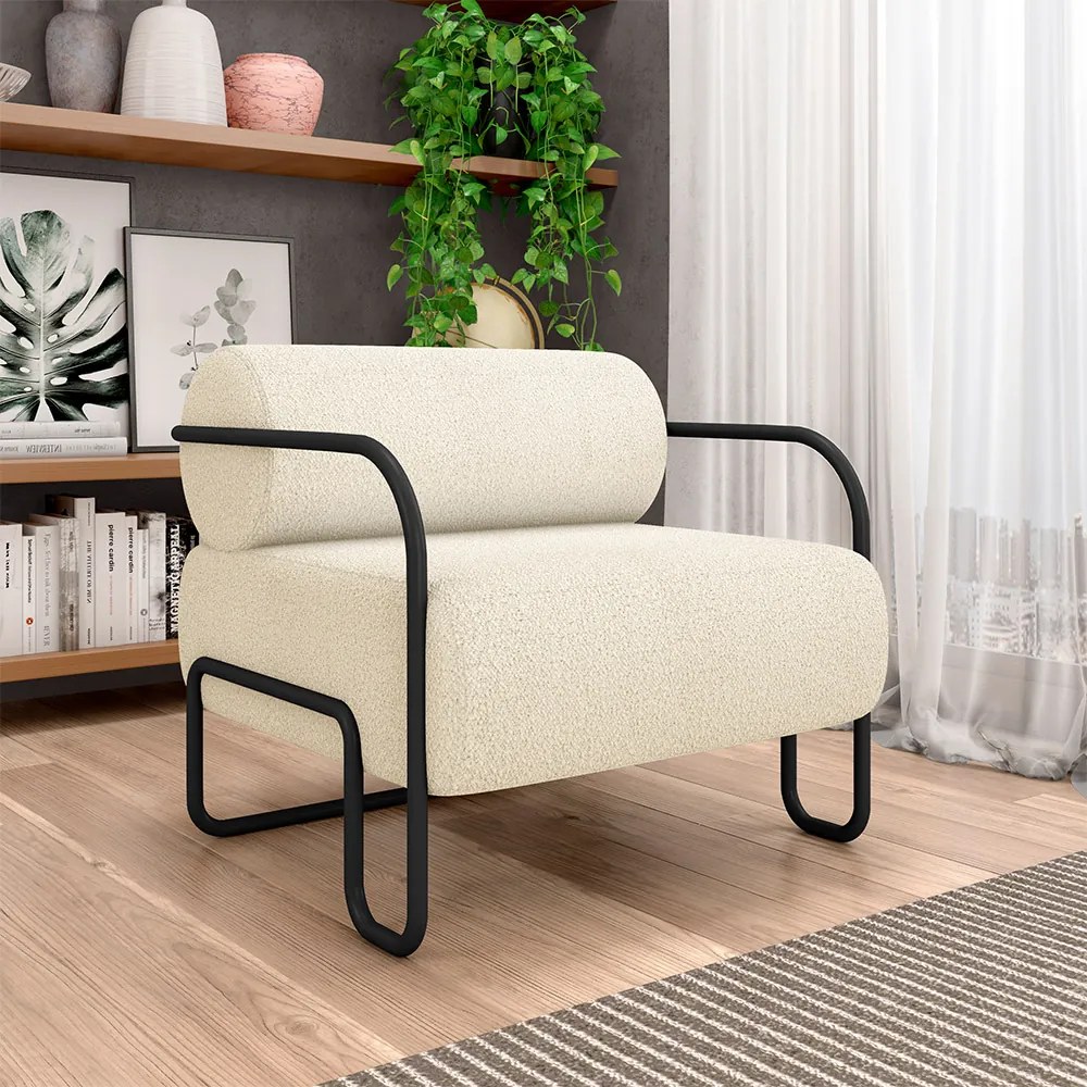 Kit 2 Poltronas Decorativas Sala de Estar Polatsk Base Industrial de Ferro Bouclê Off White G33 - Gran Belo