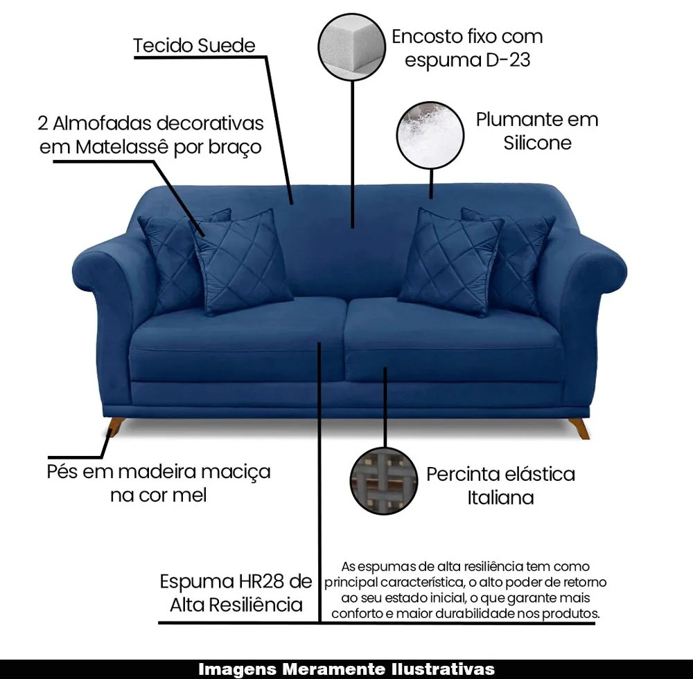 Sofá Decorativo 200cm 3 Lugares com 4 Almofadas Armstrong Suede Azul Marinho G63 - Gran Belo