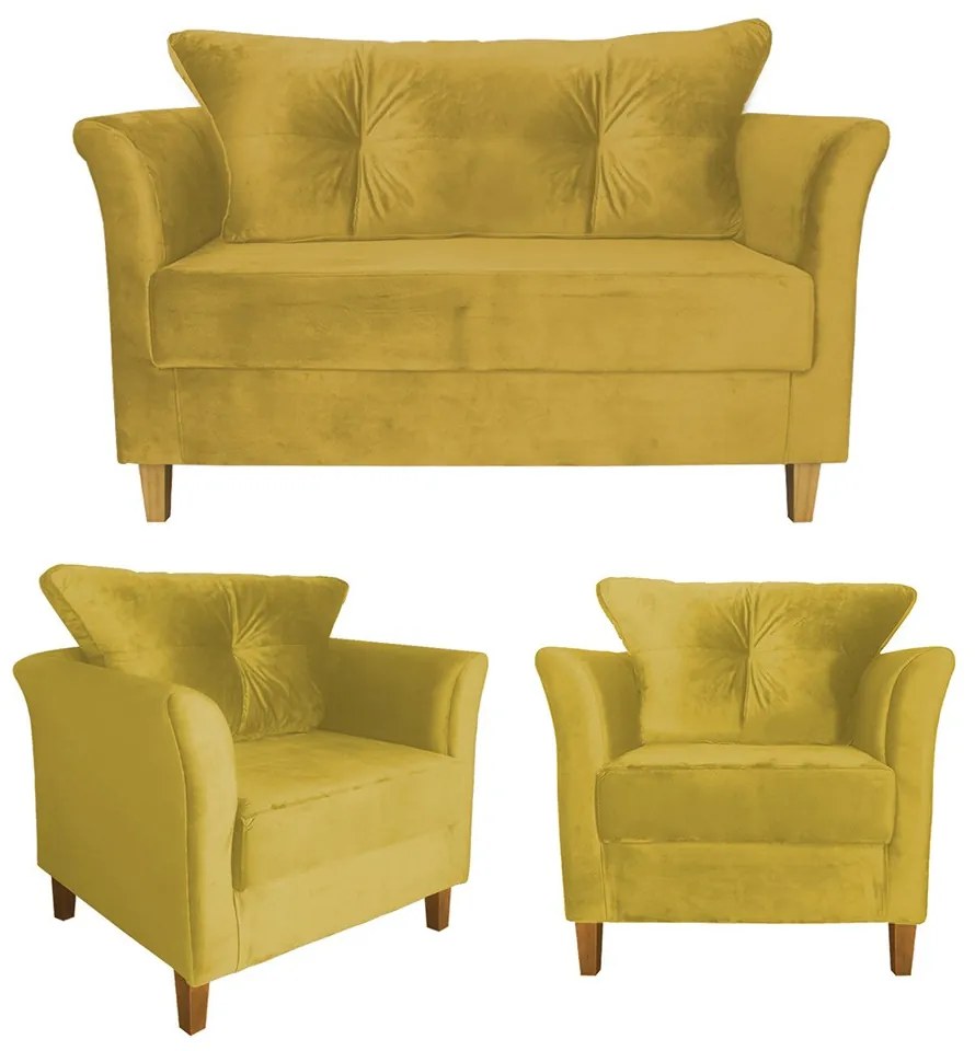 Kit Sofá Namoradeira + 2 Poltronas Ibis Decorativa, Sala Suede Amarelo