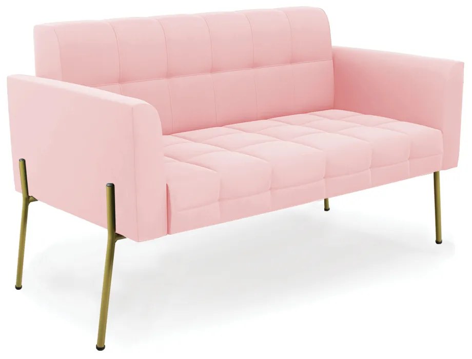 Sofá Namoradeira 2 Lugares Pé de Ferro Dourado Elisa Suede D03 - D'Rossi - Rosa Bebê