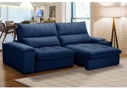 Sofá Retrátil 3 Lugares com Porta Copo 250cm Andes F05 Veludo Azul - M