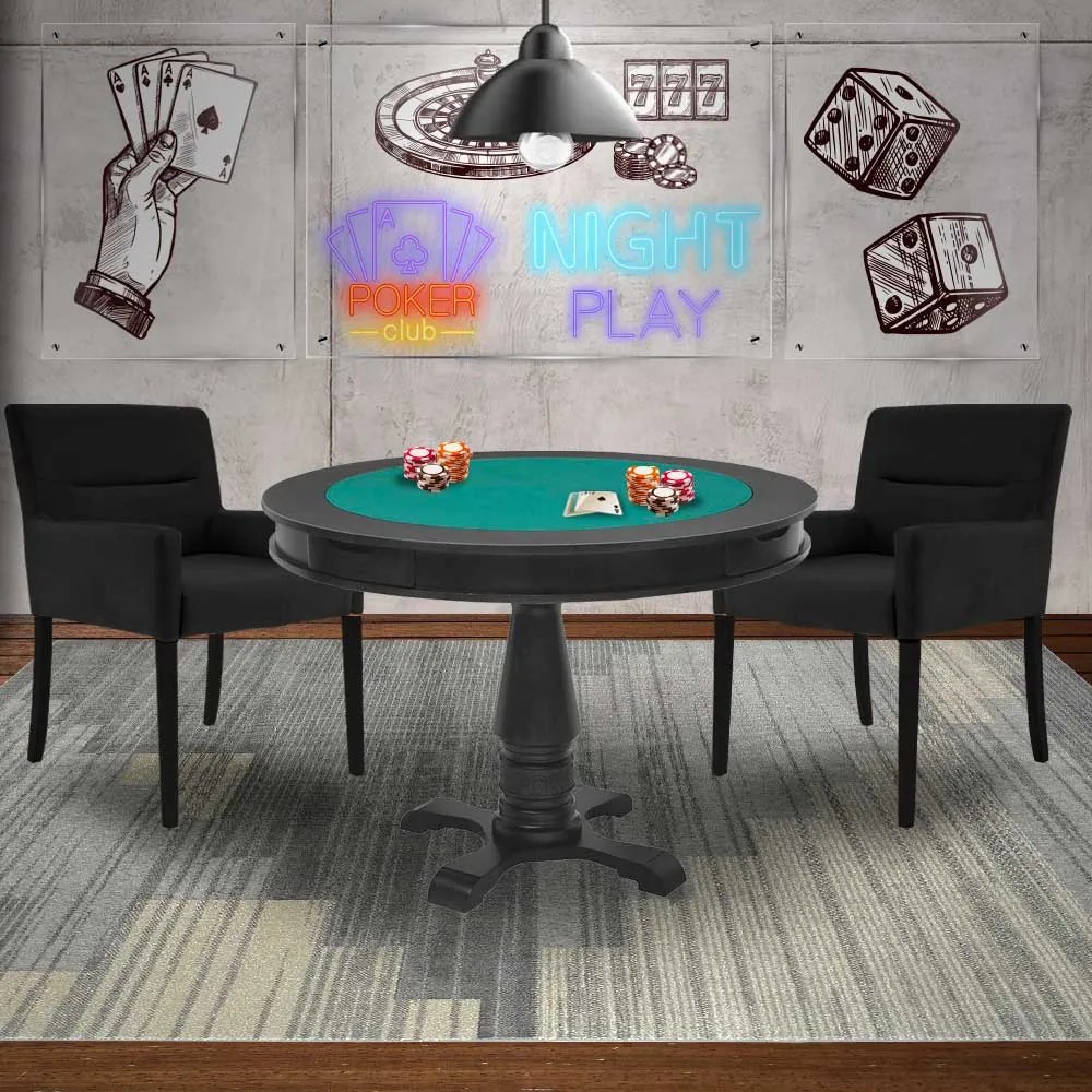 Mesa de Jogos Carteado Victoria Redonda Tampo Reversível Preto com 2 Cadeiras Vicenza Preto Fosco G36 G15 - Gran Belo