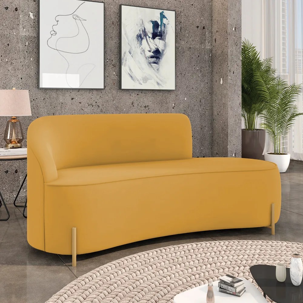 Sofá 3 Lugares Orgânico 180cm Pé em Aço Dourado Morgan Veludo D03 - D'Rossi - Mostarda