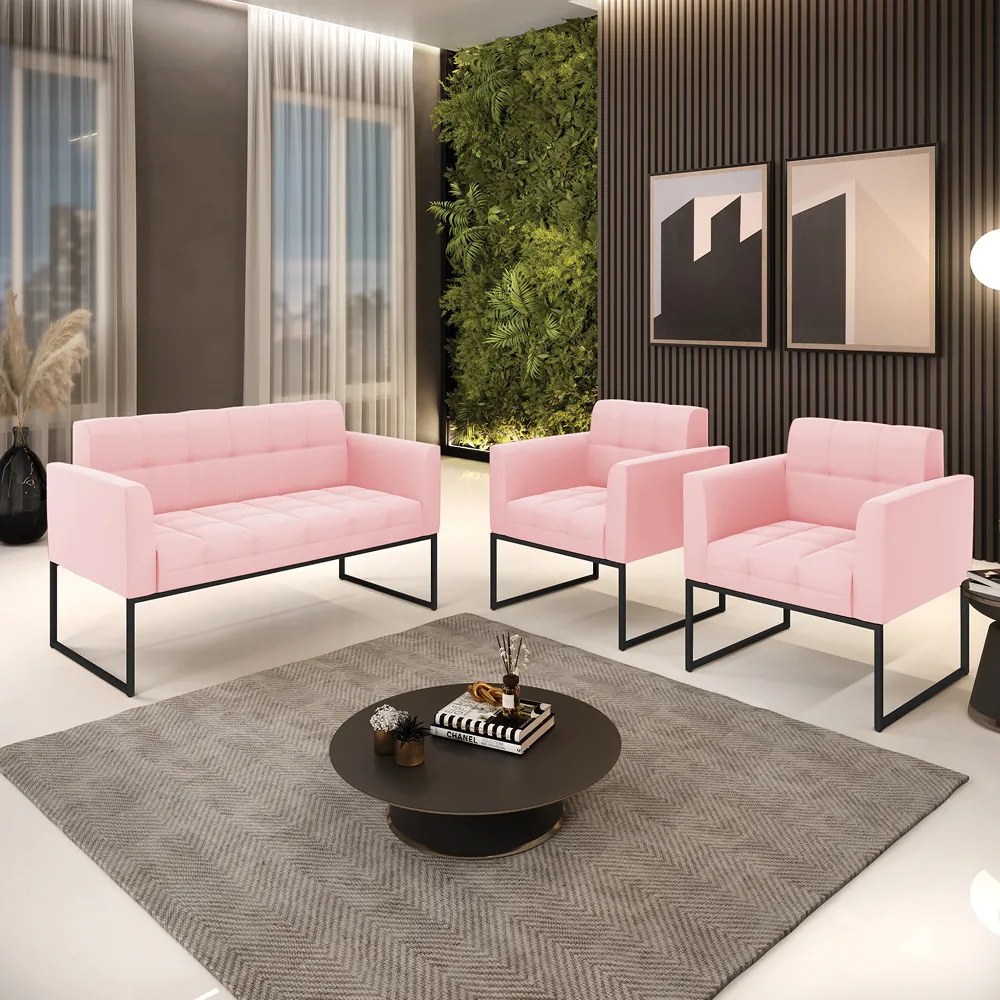 Kit 1 Sofá Namoradeira e 2 Poltronas Elisa Suede Base Metálica Industrial Preto - D'Rossi - Rosa Bebê