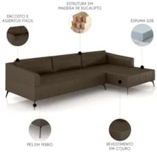 Sofá 4 Lugares 286cm Com Chaise Direito Eko Couro Castanho Z55 - Mpoze