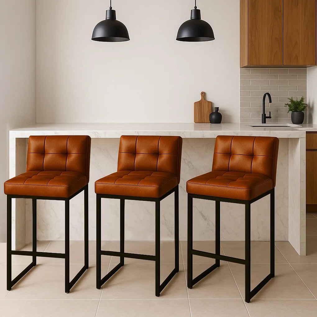 Banqueta Cozinha Alta com Encosto Industrial Kit 3 Preto Lirina PU Nozes C05 - D'Rossi