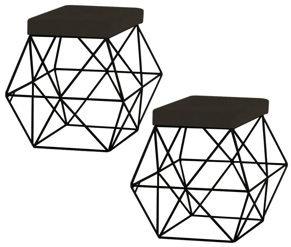 Kit 2 Puffs Decorativo Sala de Estar Base Preto Trixie Suede Marrom G41 - Gran Belo