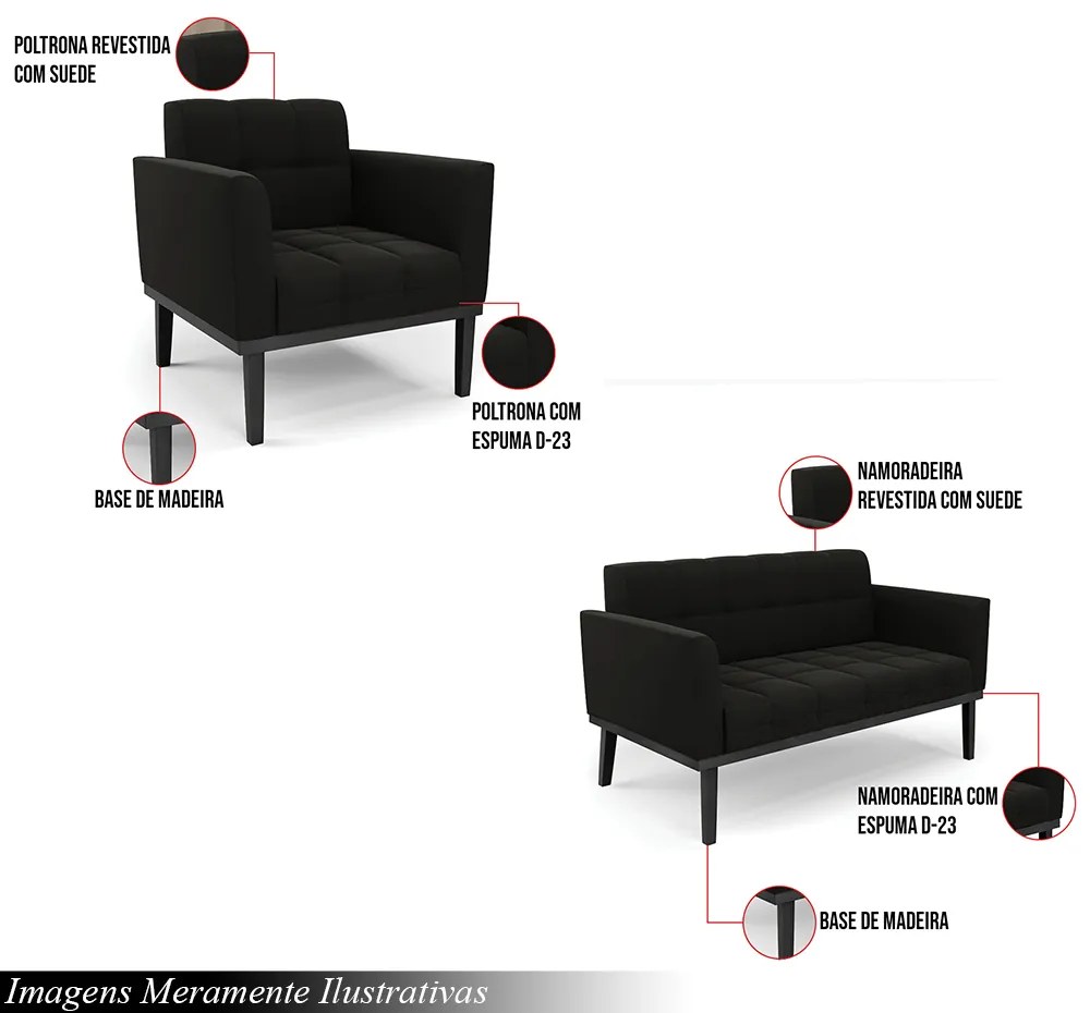 Conjunto 2 Poltronas e 1 Namoradeira Decorativa Karen Pés Fixo em Madeira Preto Suede Preto G19 - Gran Belo