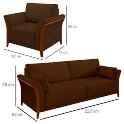 Kit Sofá Living 3 Lugares e Poltrona 102cm Pés Madeira Roya Z32 Veludo