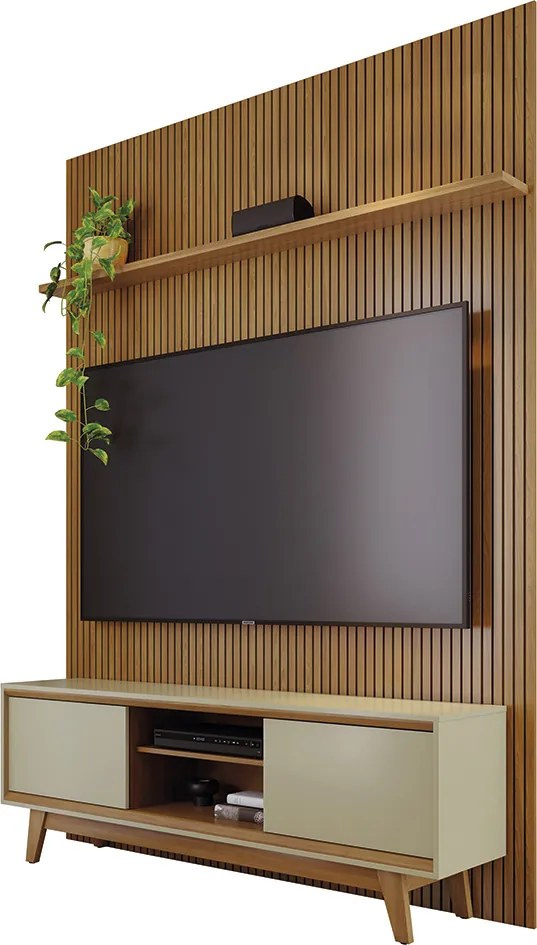 Painel TV 65 Pol 179cm Ripado Valen e Rack Bancada Mylan M20 - D'Rossi - Cumaru(fosco)/Opala(brilho)