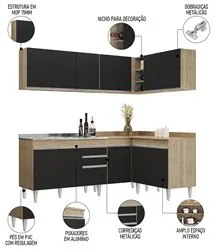 Armário de Cozinha Modulado de Canto 6 Peças CP30 com Pia Inox Castanh