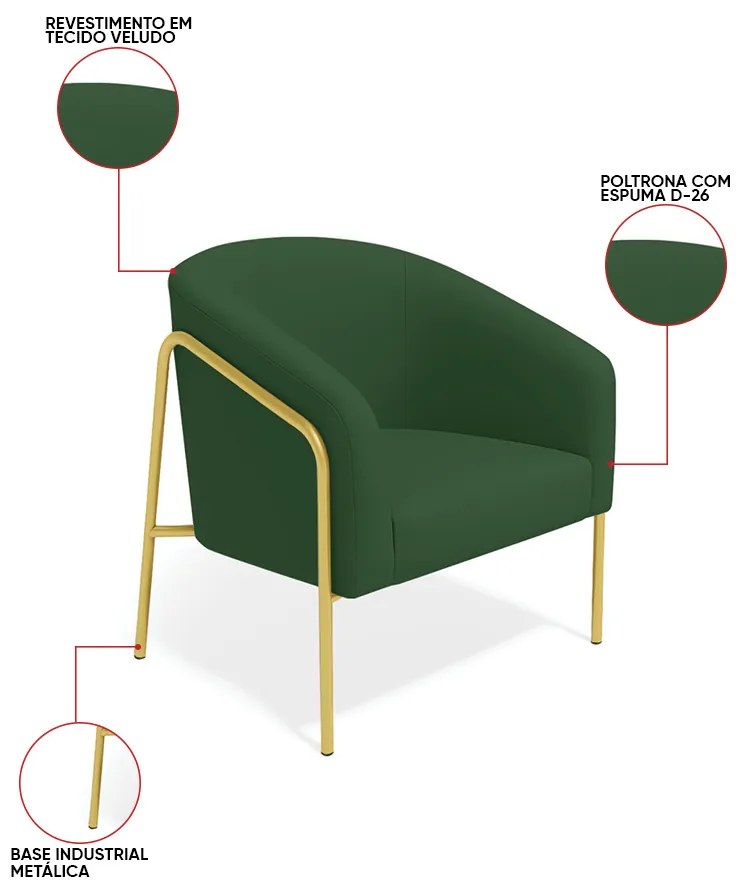 Poltrona Sala Industrial Alta Dourado Stella Veludo D03 - D'Rossi - Verde