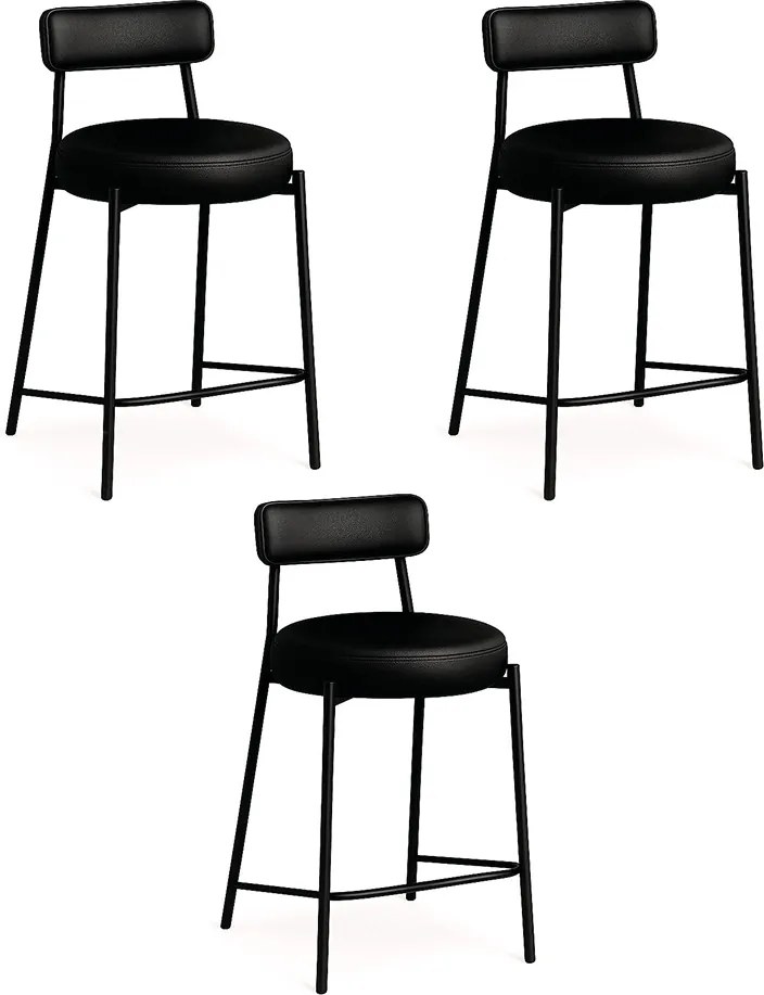 Banqueta Cozinha Alta com Encosto Industrial Preto Kit 3 Londres PU D03 - D'Rossi - Preto