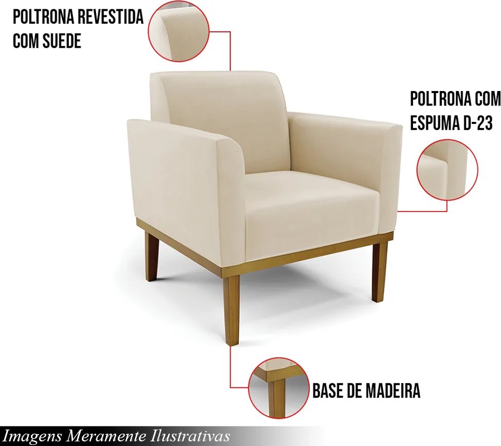 Kit 2 Poltronas Decorativas Isabella Pés Fixo em Madeira Castanho Suede Bege G19 - Gran Belo