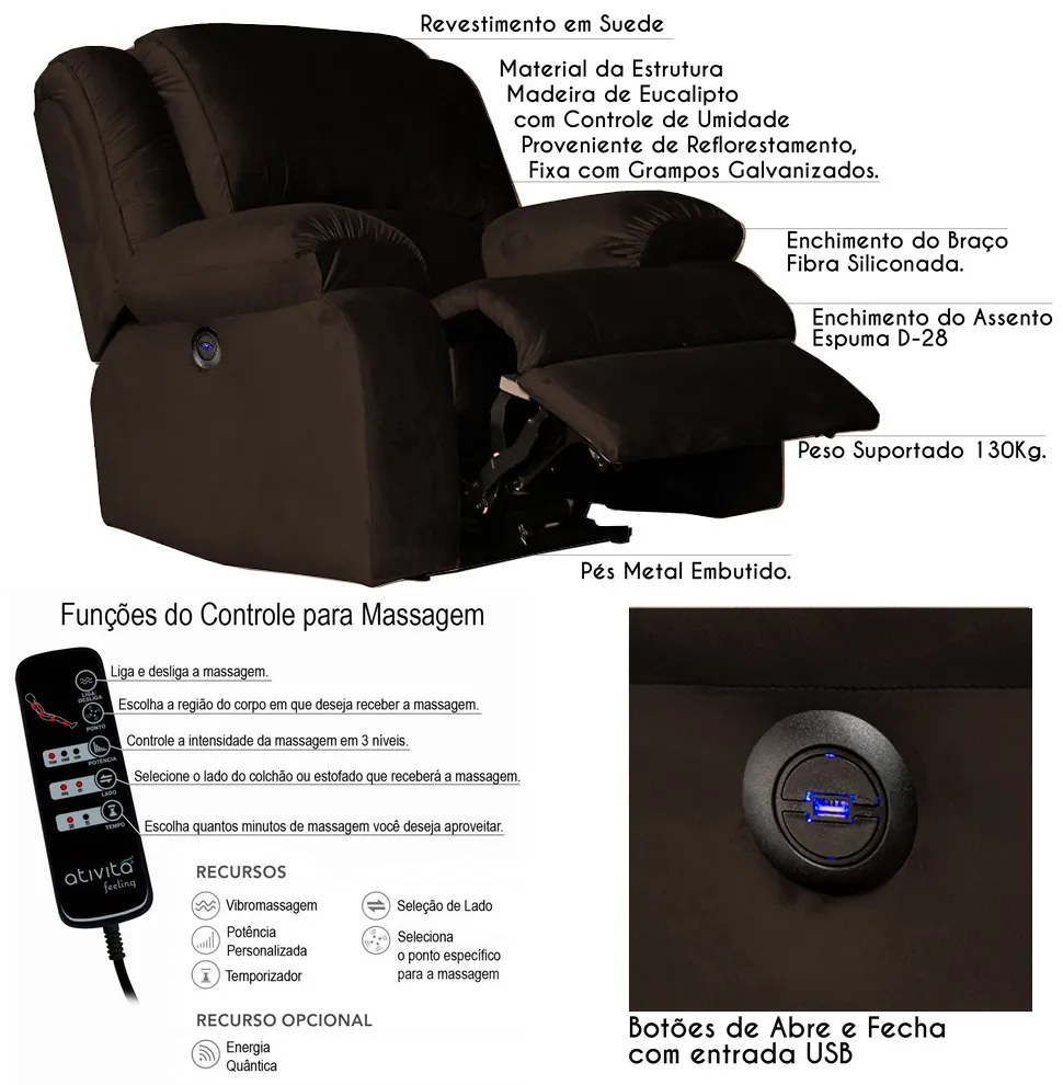 Poltrona do Papai Reclinável Elétrica com Massagem e USB Magnum Veludo Marrom Chocolate G23 - Gran Belo