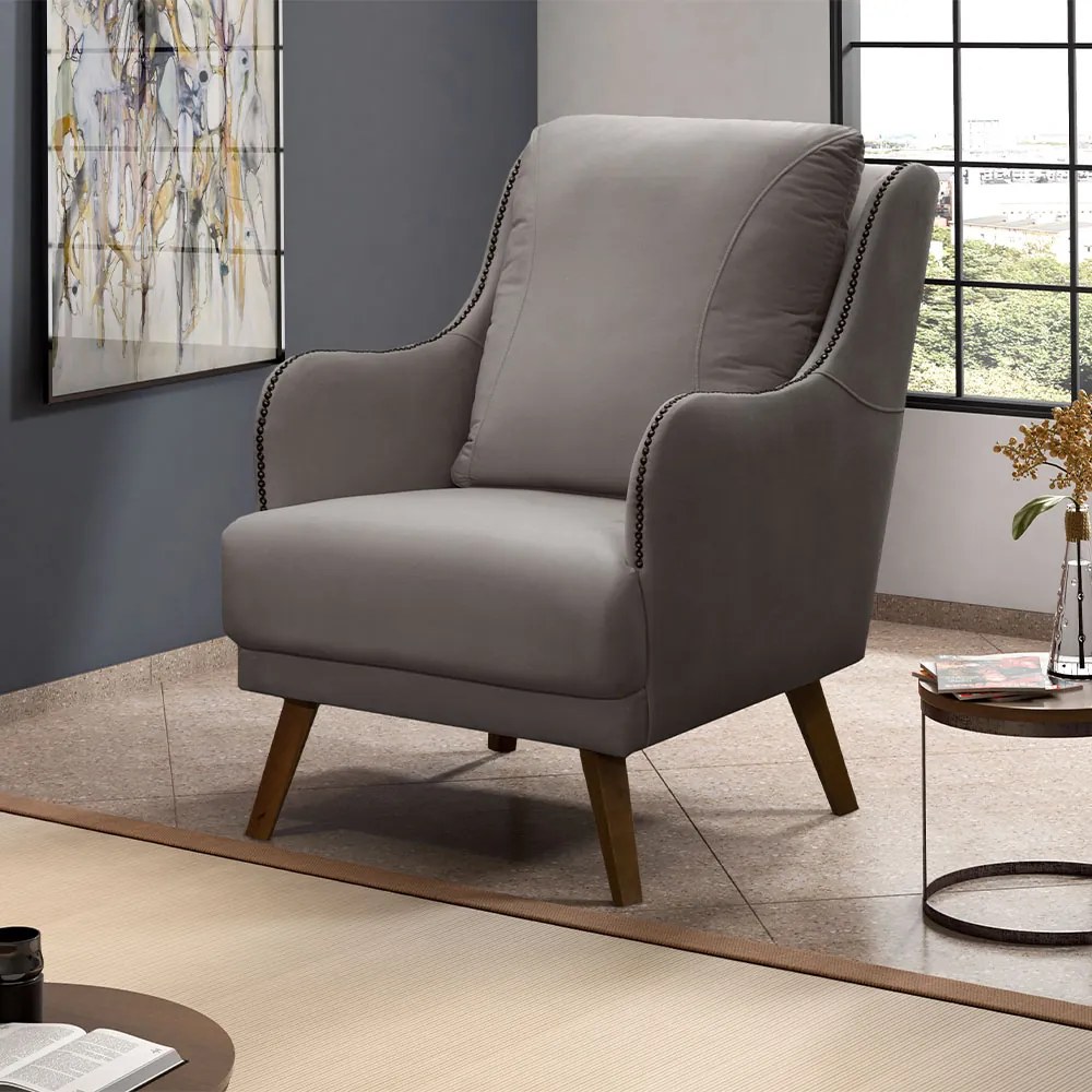 Poltrona Decorativa Catar com Tachas Suede Cinza G33 - Gran Belo