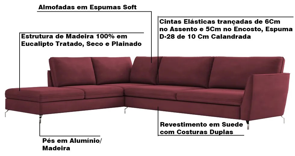 Sofá de Canto Chaise Esquerdo 267 cm Olívia Suede Bordô G52 - Gran Belo