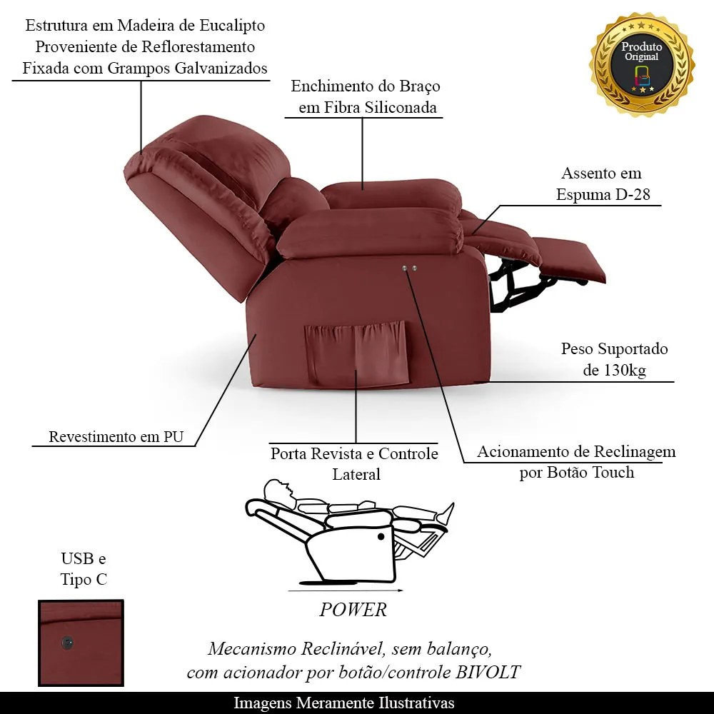 Poltrona do Papai Reclinável Melim Power Touch USB Sintético PU F FH1 - D'Rossi - Vermelho