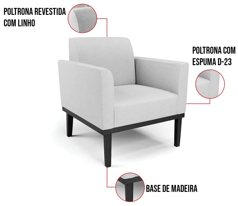 Poltrona Base de Madeira Fixa Preto Marisa Linho - A05 Cinza