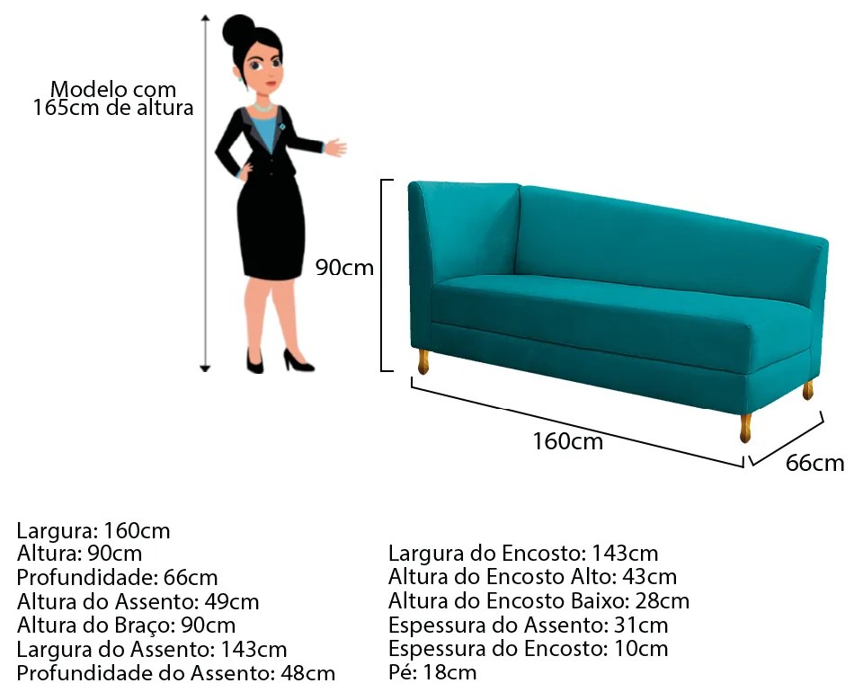 Recamier Valéria 160cm Lado Direito Suede Azul Turquesa - ADJ Decor