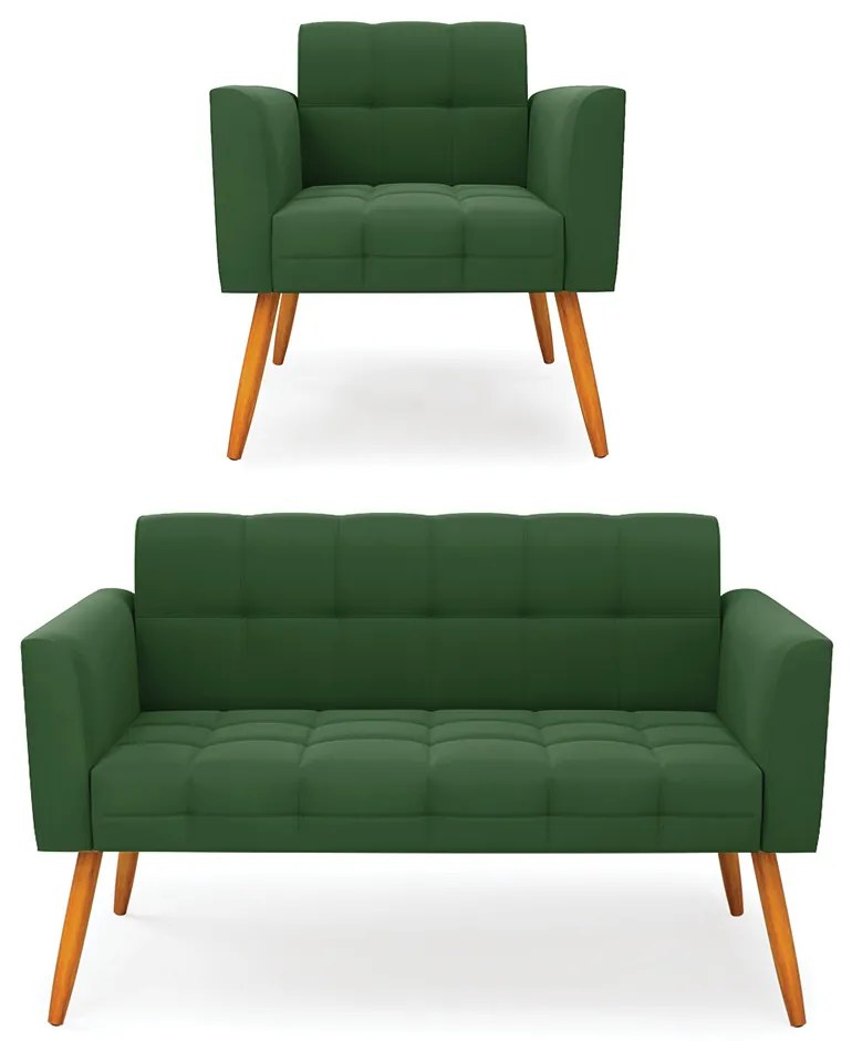 Kit 1 Sofá Namoradeira e 1 Poltrona Elisa Suede Verde Pés Palito Castanho - D'Rossi