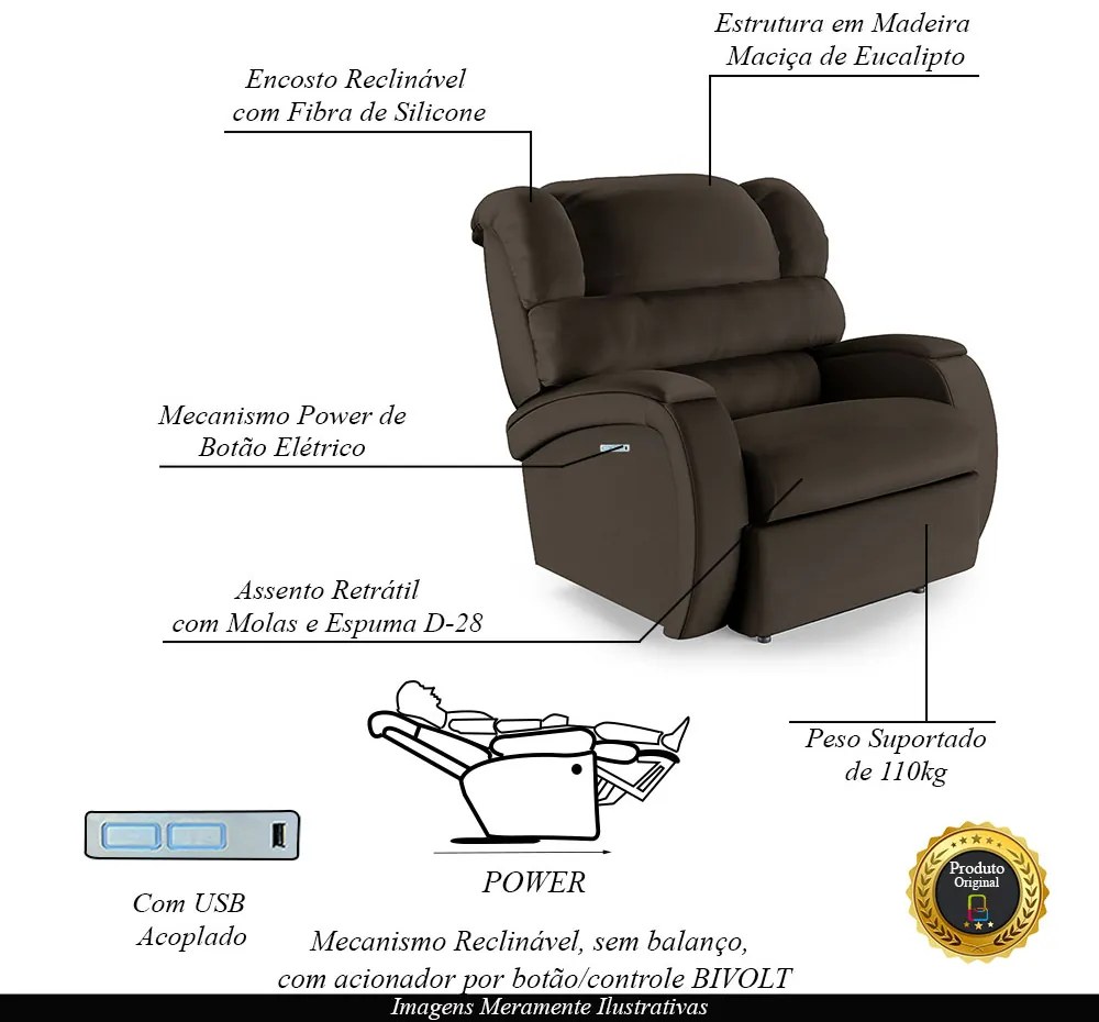 Poltrona do Papai Sala de Cinema Reclinável Kylie Elétrica Botão com Led USB PU Marrom G23