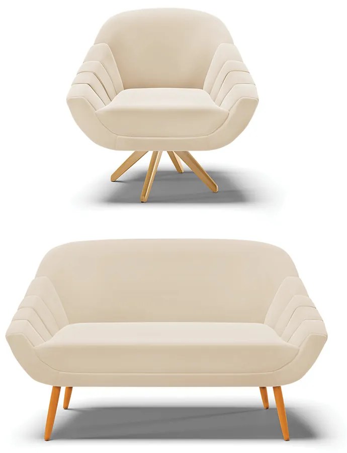 Kit 01 Namoradeira 02 Lugares e 01 Poltrona Giratória Giovana Suede Base Madeira MA30 - D'Rossi - Bege