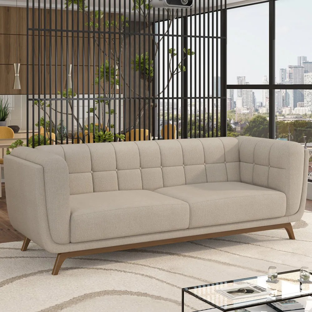 Sofá Decorativo Sala de Estar 240cm Rocket 3 Lugares Base Madeira Linho Off White G45 - Gran Belo