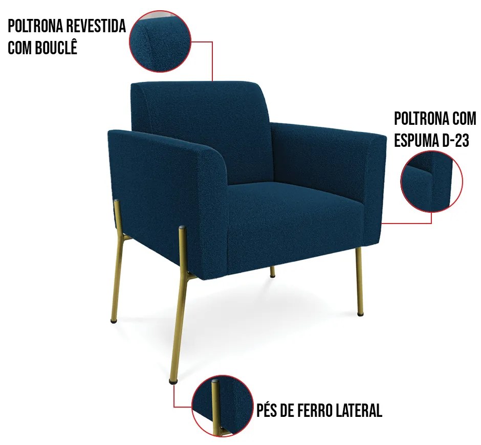 Poltrona Sala de Estar Pé Ferro Dourado Marisa Bouclê D03 - D'Rossi - Azul