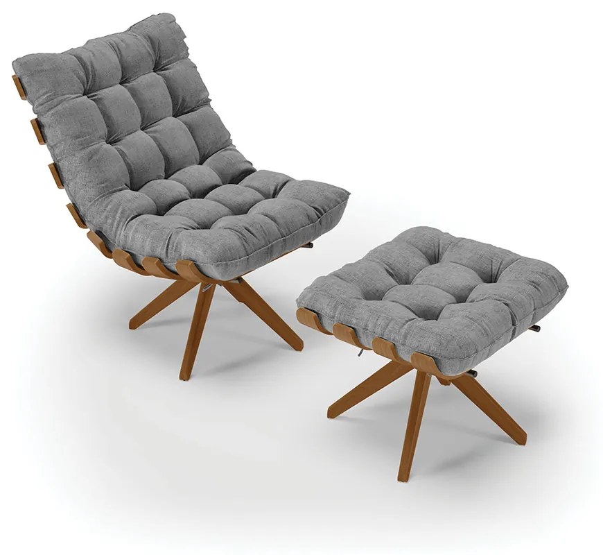 Poltrona com Puff Giratório Costela Linho Base de Madeira MA30 M11 - D'Rossi - A27 Areia