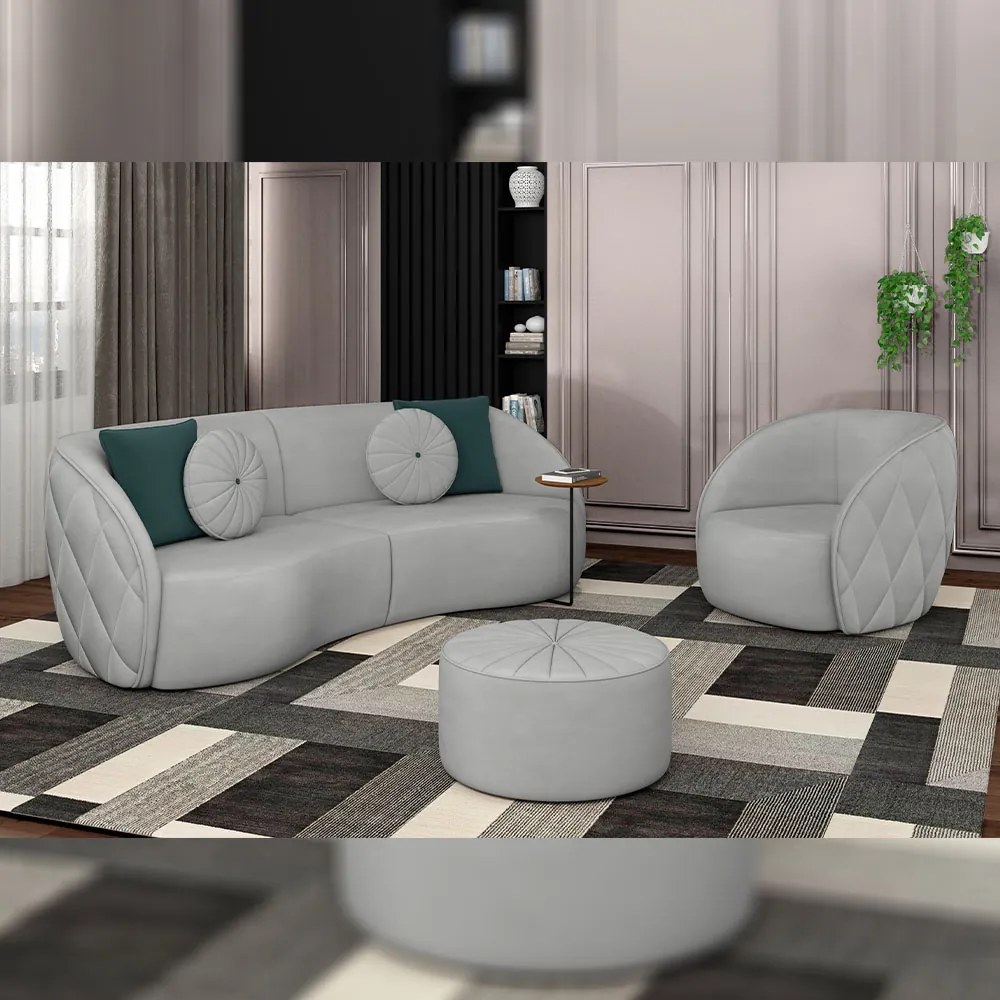 Kit 2 Puffs Decorativos Sala De Estar Round Veludo Cinza Claro G45 - Gran Belo