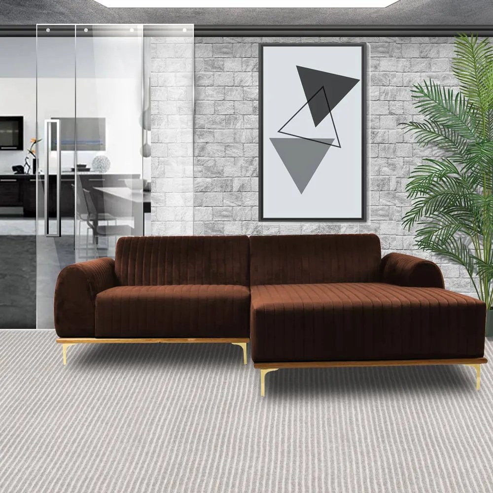 Sofá 4 Lugares Bipartido com Chaise Lado Esquerdo Base de Madeira Euro 265 cm Veludo Marrom G15 - Gran Belo
