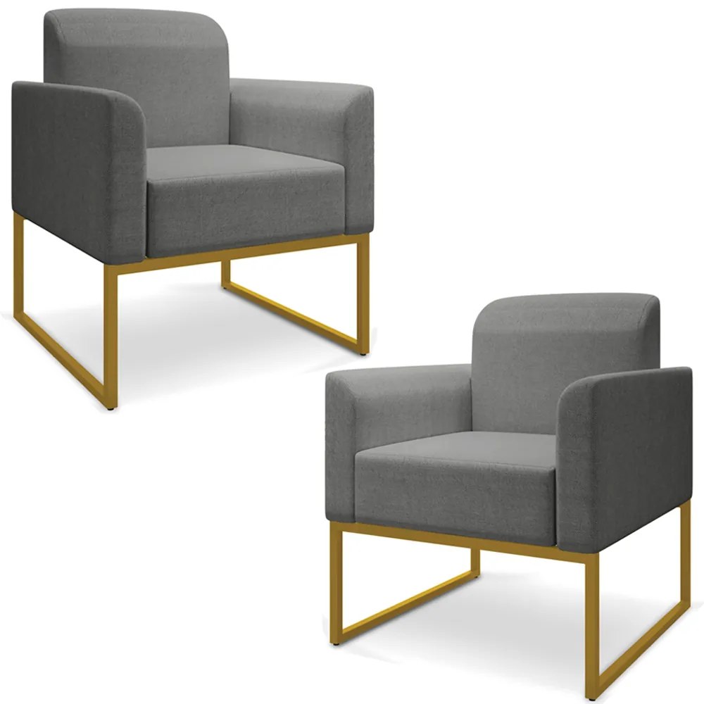 Kit 2 Poltronas Decorativas Isabella Base Industrial Linho Grafite/Dourado G19