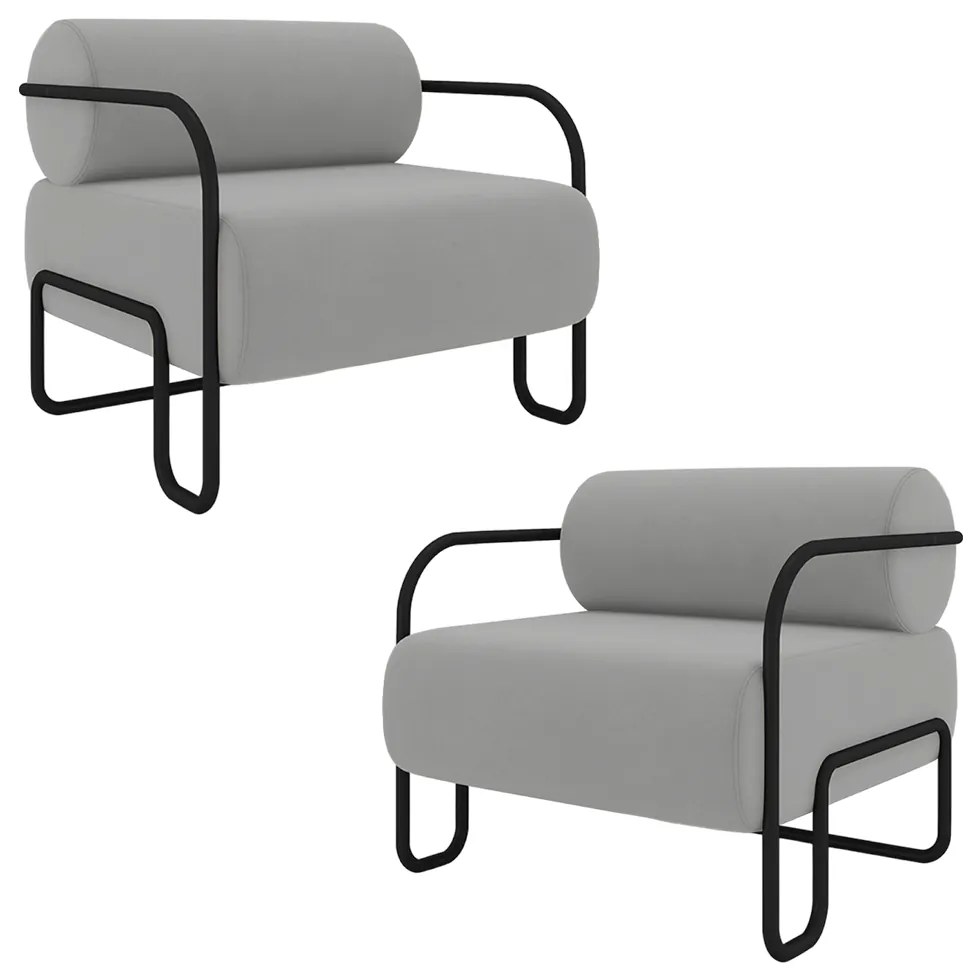 Kit 2 Poltronas Decorativas Sala de Estar Polatsk Base Industrial de Ferro Veludo Cinza Claro G33 - Gran Belo