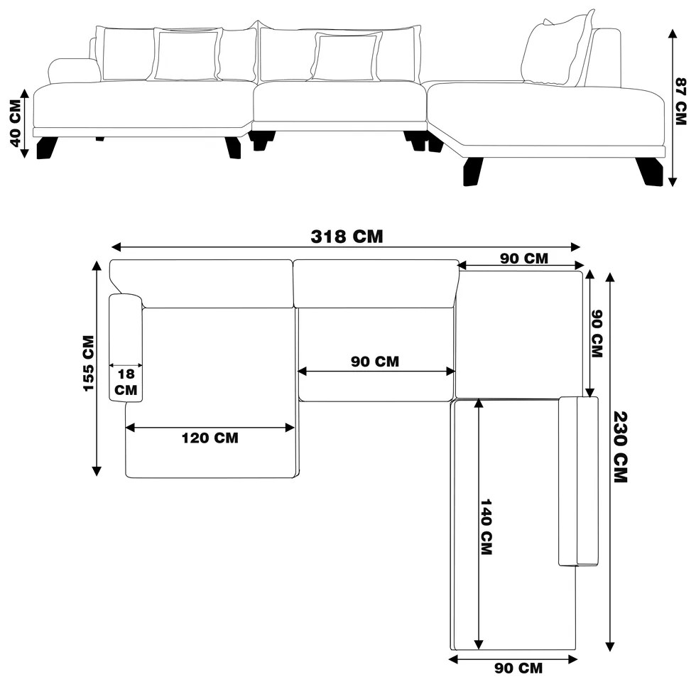 Sofá de Canto Direito 318cm Japa Linho Bege G52 - Gran Belo