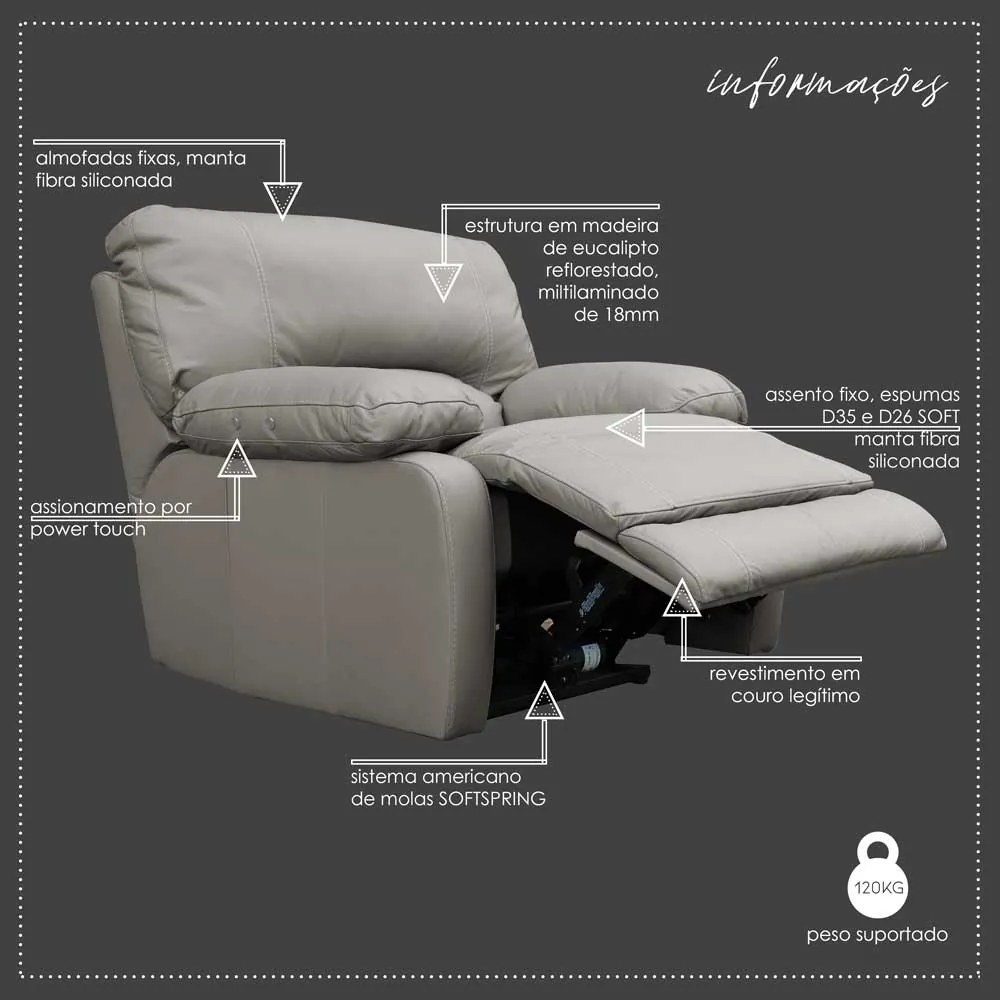 Poltrona do Papai Reclinável Elétrico Asmará Power Touch Small Couro Off White G43 - Gran Belo