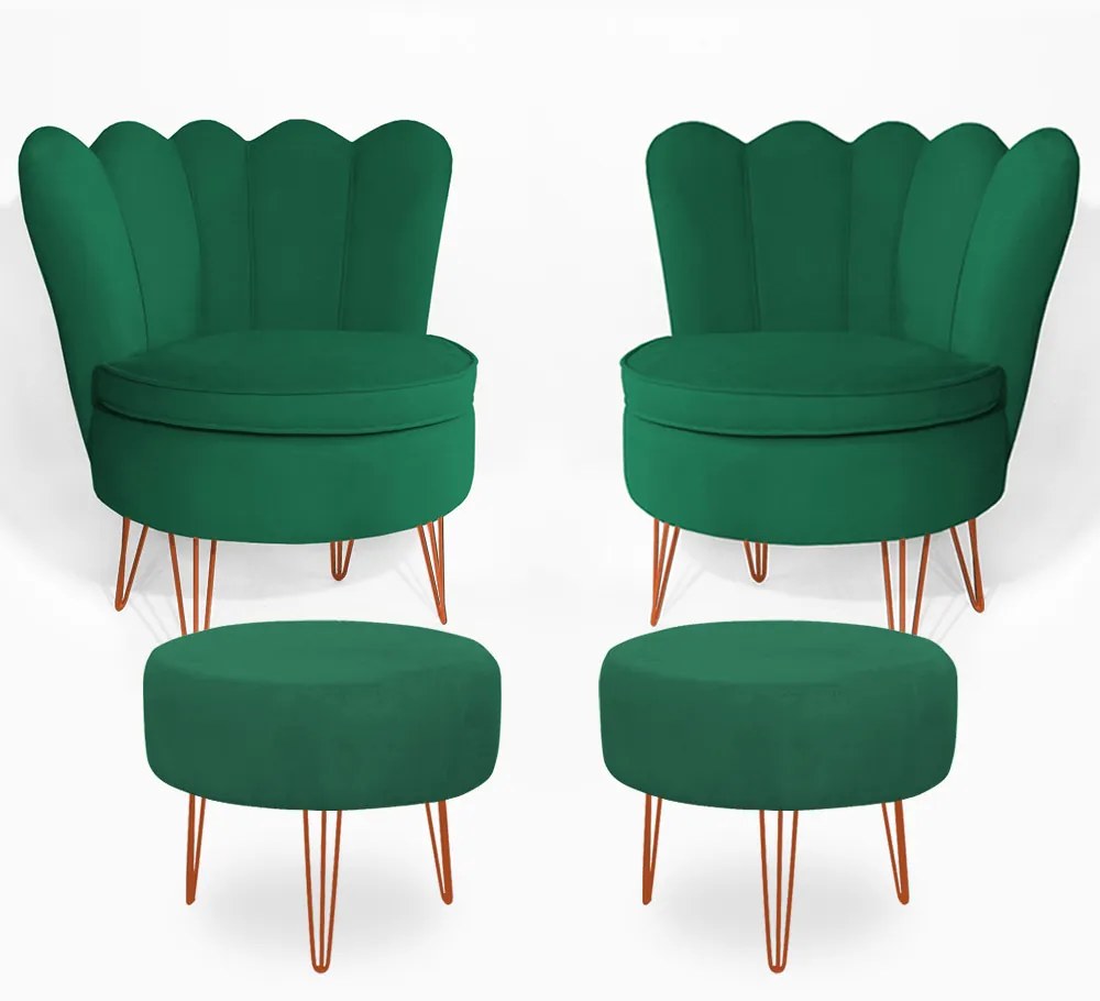 Conjunto 2 Poltrona Dália com 2 Puff Chloe Pés Hairpin Legs Bronze Veludo Verde Bandeira