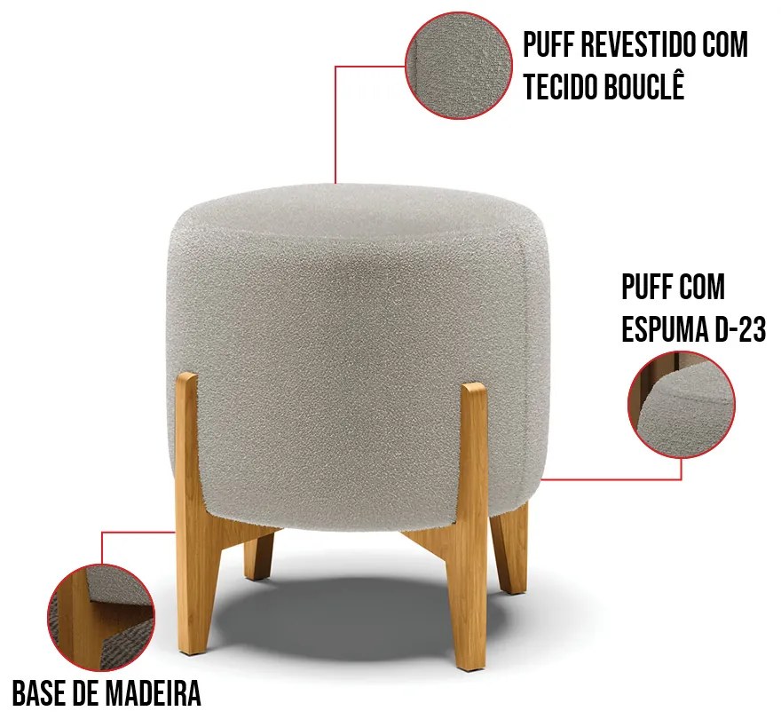 Poltrona e Puff Decorativo Base Madeira Stella PU Nozes/Bouclê D03 - D'Rossi - Cinza