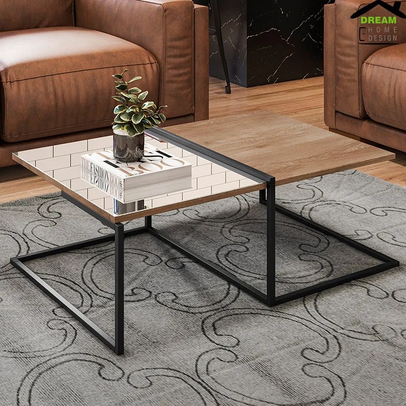 Mesa de Centro com Espelho Pés de Metal 90cm Aurora Marrom/Preto - Home Design - Marrom