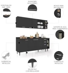 Armário de Cozinha Com Tampo CP11 200cm Pérola Preto Z34 - Mpozen