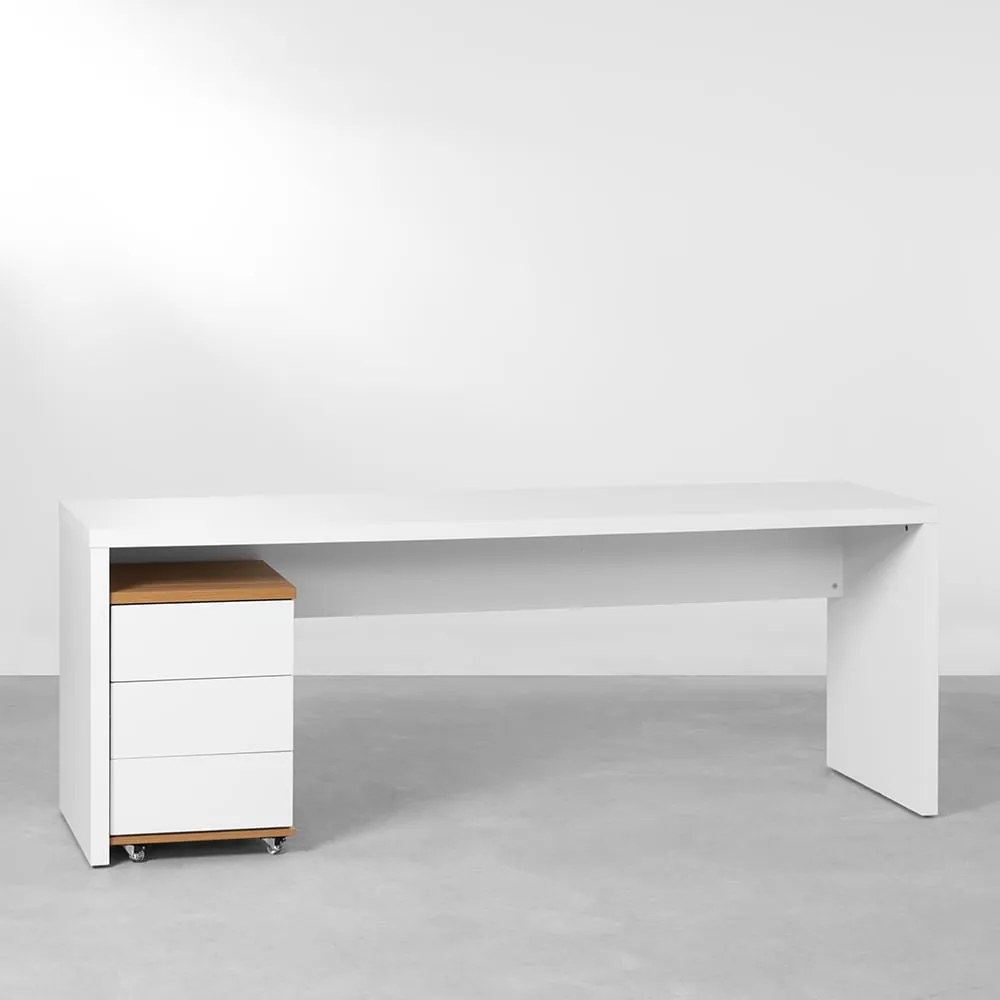 Conjunto Office - Bancada Contemporânea - 1,36 + Módulo Contemporâneo 3 Gavetas  Louro Freijó/Branco - 42,5cm - Conjunto Office - Bancada Contemporânea - 1,36 + Módulo Contemporâneo 3 Gavetas  Louro Freijó e Branco - 42,5cm