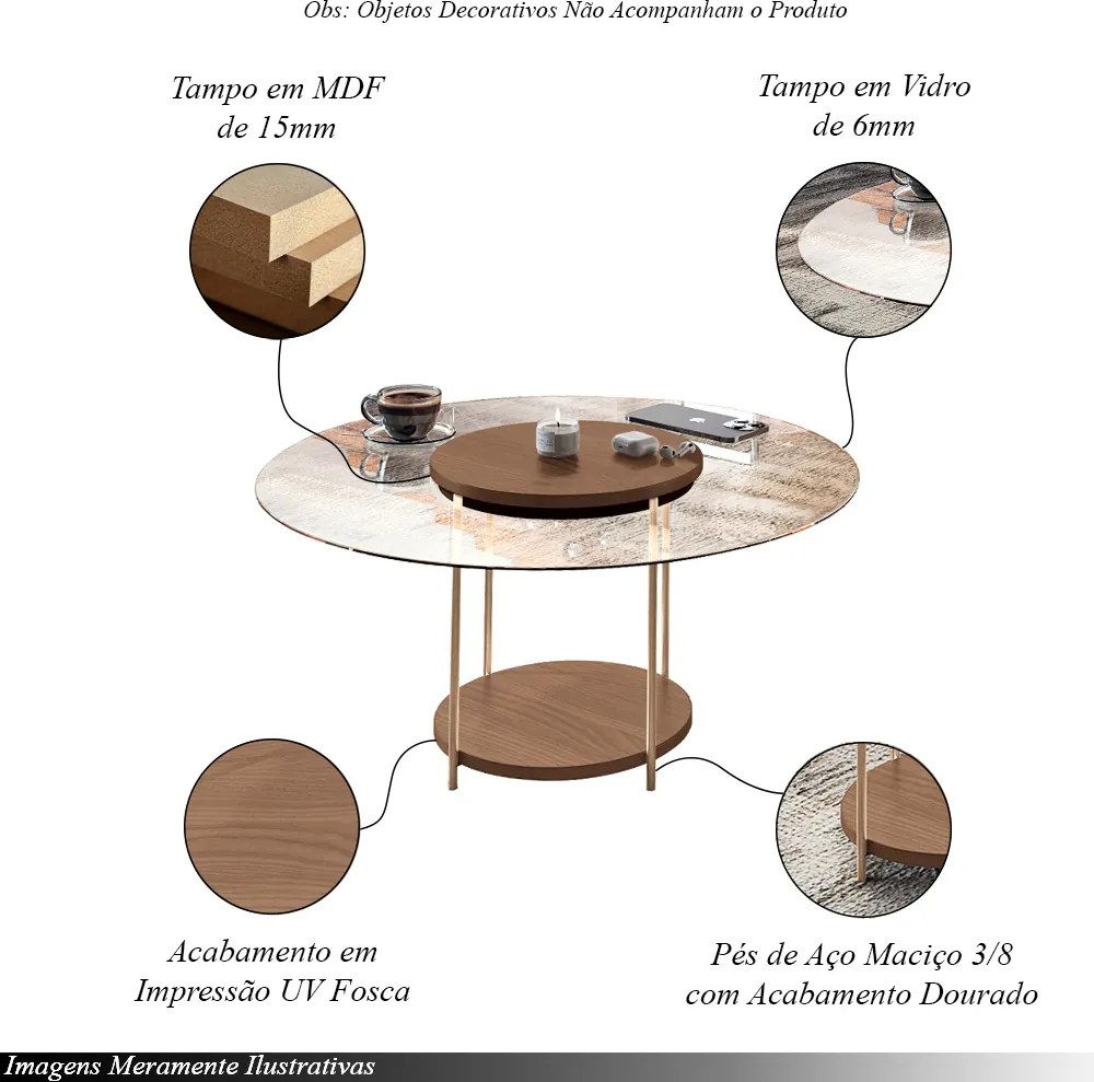 Conjunto Infinity Aparador 2 Mesas Centro Sky MDF/Vidro Castanho G26 - Hb Móveis